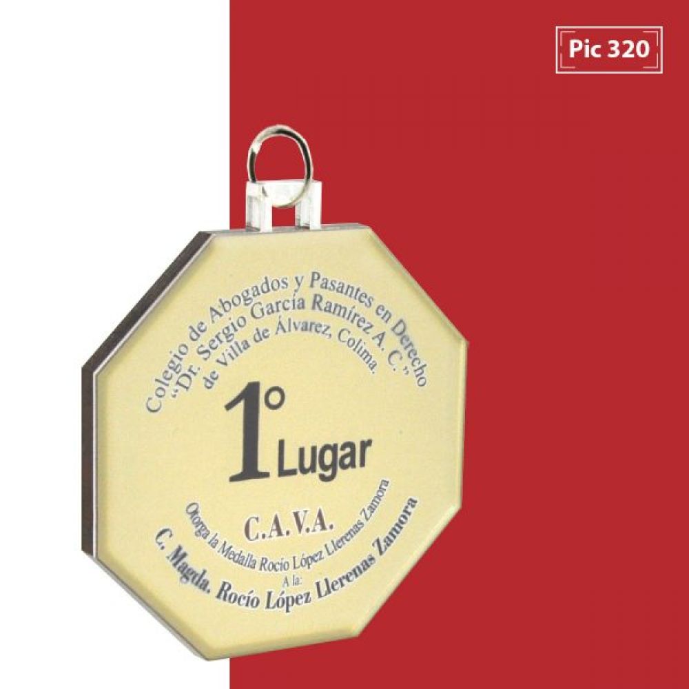MEDALLA DE ACRILICO EXAGONAL 6 CM  DIAMETRO CON IMPRESIÓN  POR UN LADO Y RESINA INCLUYE LISTON Y BOLSA DE CELOFA INDIVIDUAL imagen